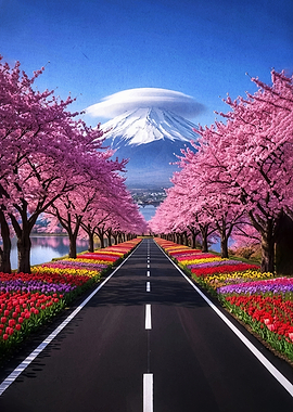Mount Fuji with Cherry Blossoms and Tulips