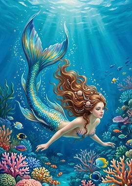 Mermaid Swimming in Coral Reef