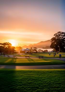 Sunset over a park with people