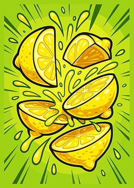 Exploding Lemon Pop Art Poster Vibrant Citrus Kitchen Wall Art