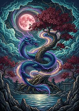 Dragon and Cherry Blossom Tree