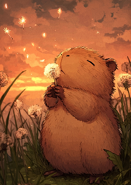 Capybara blowing dandelions at sunset