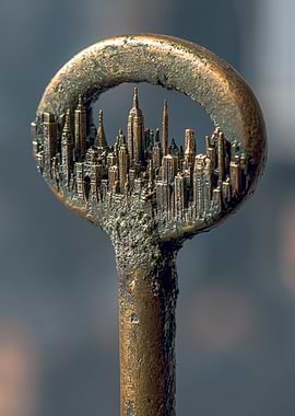 Bronze Key with Miniature Cityscape