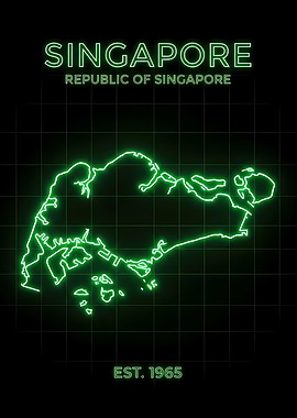 Neon Singapore Map on Black Grid Background. Ets 1965