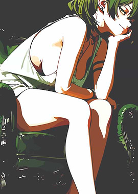 Anime Girl Sitting on a Green Chair