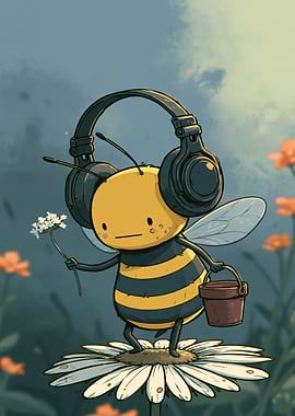 Cute Bee with Headphones and Flower