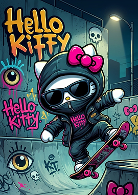 Hello Kitty Skateboarder Graffiti Art