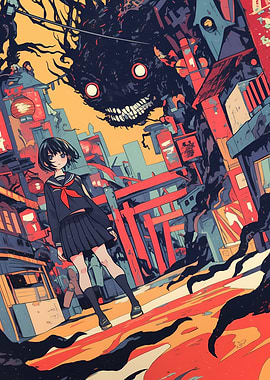 Anime Girl Facing Monster in City