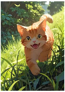 Happy Orange Cat in Green Grass