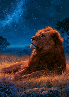Lion under a starry night sky