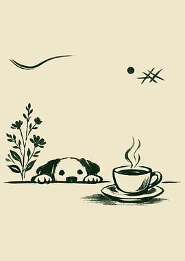 Cute Dog Coffee Wall Art Poster Cozy Hand Drawn Animal Illustration