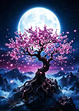 Glowing Cherry Blossoms Fantasy Night Poster