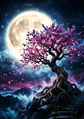 Magical Cherry Blossom Tree Under Full Moon