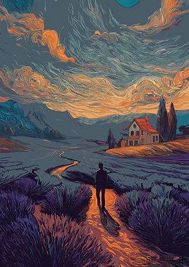 Man walking towards a house in a field