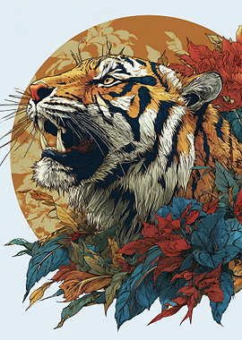Roaring Tiger with Flowers