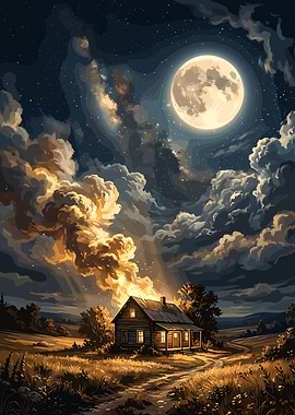 Moonlit Cabin in a Field