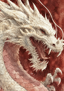 White Dragon with Red Background