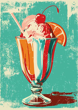 Retro Ice Cream Sundae Illustration – Vibrant Vintage Wall Art Poster