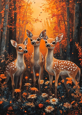 Three Fawns in Autumn Forest