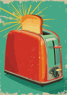 Vintage Red & Teal Toaster Pop Art Poster – Retro Kitchen Wall Art Illustration