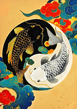 Yin Yang Koi Fish with Clouds