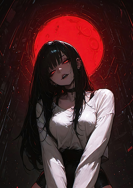 Gothic Anime Girl with Red Moon