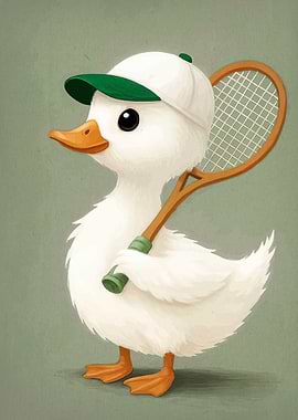 Cute Duck with Tennis Racket and Cap