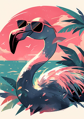 Cool Flamingo with Sunglasses at the Beach