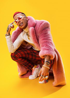 Man in Pink Fur Coat and Plaid Pants