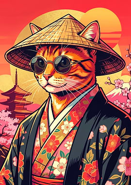 Cat in Kimono with Sunglasses