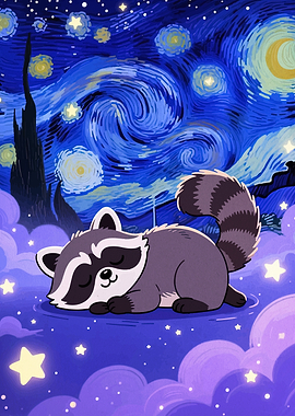Cute Raccoon Sleeping Under Starry Night Sky