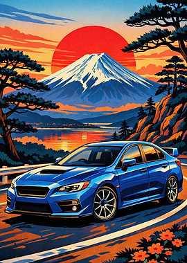 Blue Subaru WRX with Mount Fuji Sunset