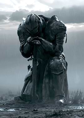 Knight kneeling in the rain