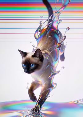Siamese Cat in Rainbow Water Splash