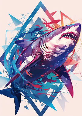 Aggressive Shark with Geometric Background