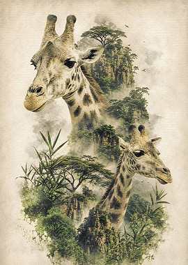 Giraffes Merged with Mountain Landscape