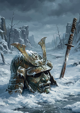 Samurai Helmet and Katana in Snow