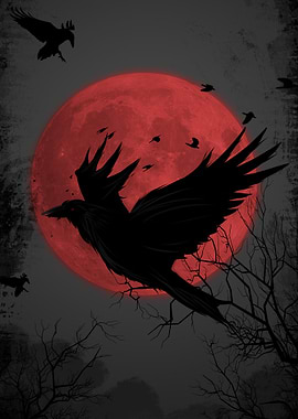 Raven flying against a red moon