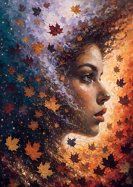 Autumn Whispers: Woman with a Crown of Glowing Maple Leaves