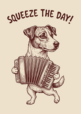 Dog playing accordion with text