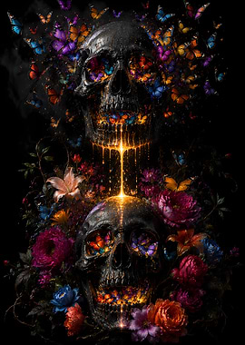 Skulls with Butterflies and Flowers