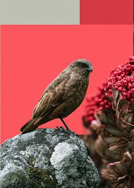 Bird on a Rock with Red Berries