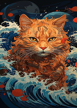 Orange Cat in Japanese Wave Art