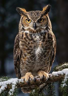 Great Horned Owl on Snowy Branch
