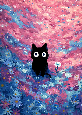 Black Cat in a Field of Flowers
