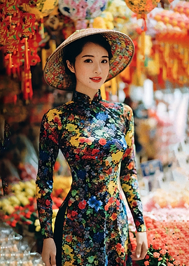 Woman in Floral Ao Dai and Conical Hat
