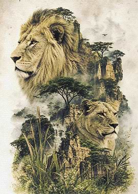 Majestic Lions on Mountain Landscape