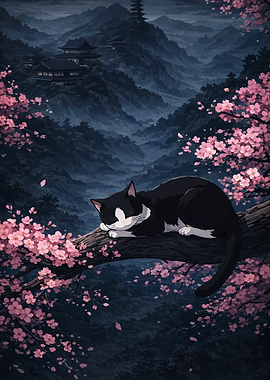 Cat Sleeping on Cherry Blossom Branch