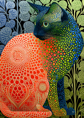 Dot Art Cat with Floral Background