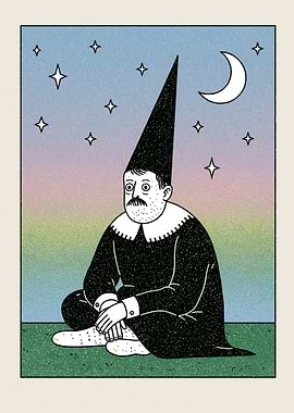 Man in a conical hat under the night sky
